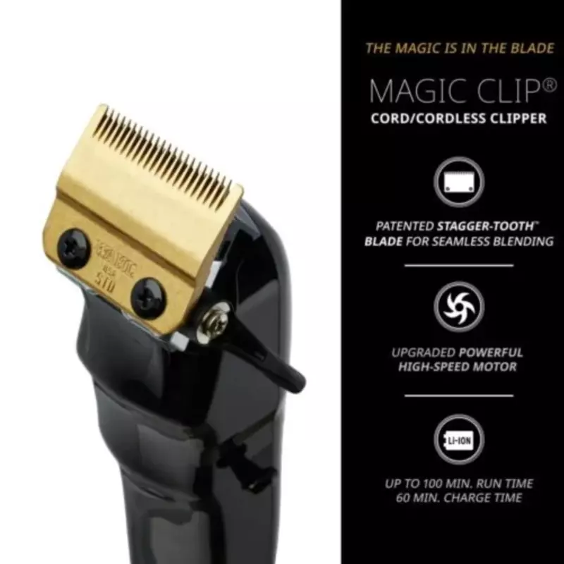 Máquina de cortar cabelo MAGIC CLIP com lâmina dourada patenteada em fundo preto