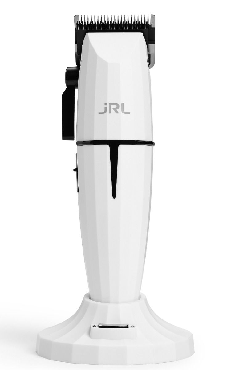 Máquina de cortar cabelo branca com base de apoio