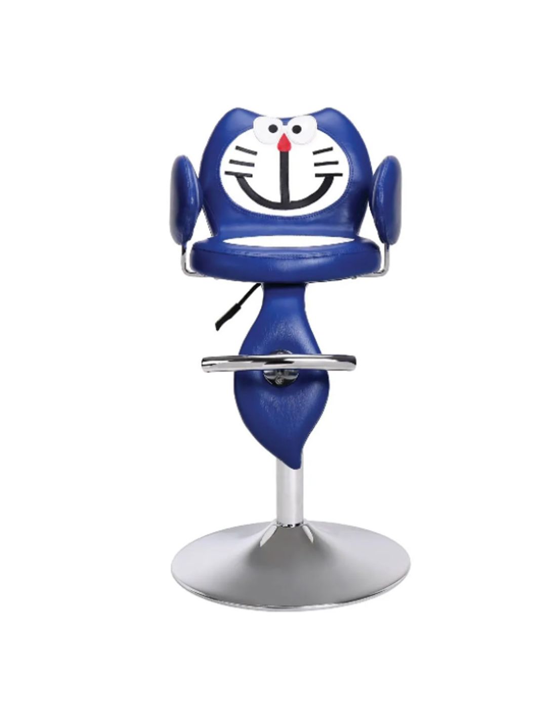 Cadeira alta azul com desenho de rosto de gato e base metálica prateada