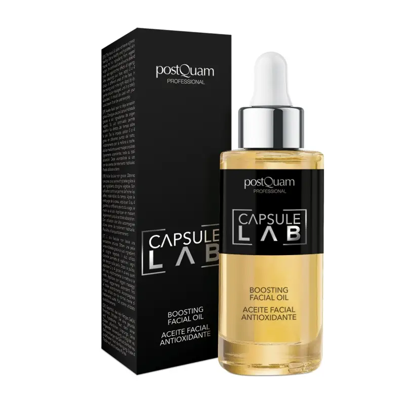 Frasco de óleo facial antioxidante BOOSTING FACIAL OIL da postQuam ao lado da embalagem preta