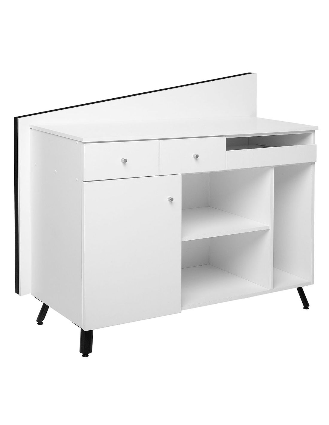 Aparador branco para canto com gavetas, porta e prateleiras e pernas pretas