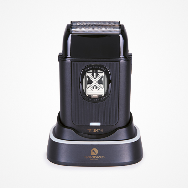 Aparelho de barbear elétrico preto numa base carregadora