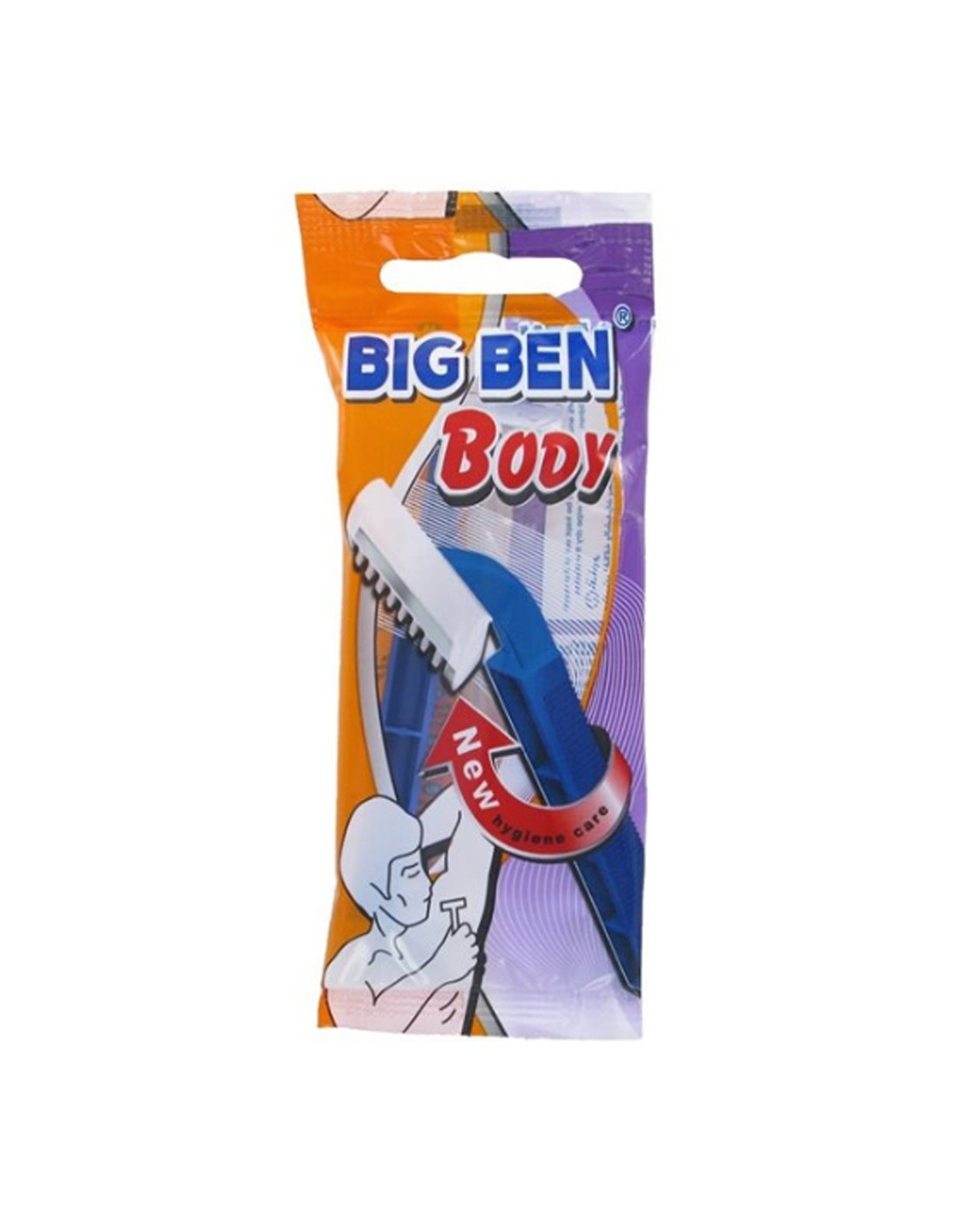 Lâmina de barbear Big Ben Body azul em pacote plástico colorido