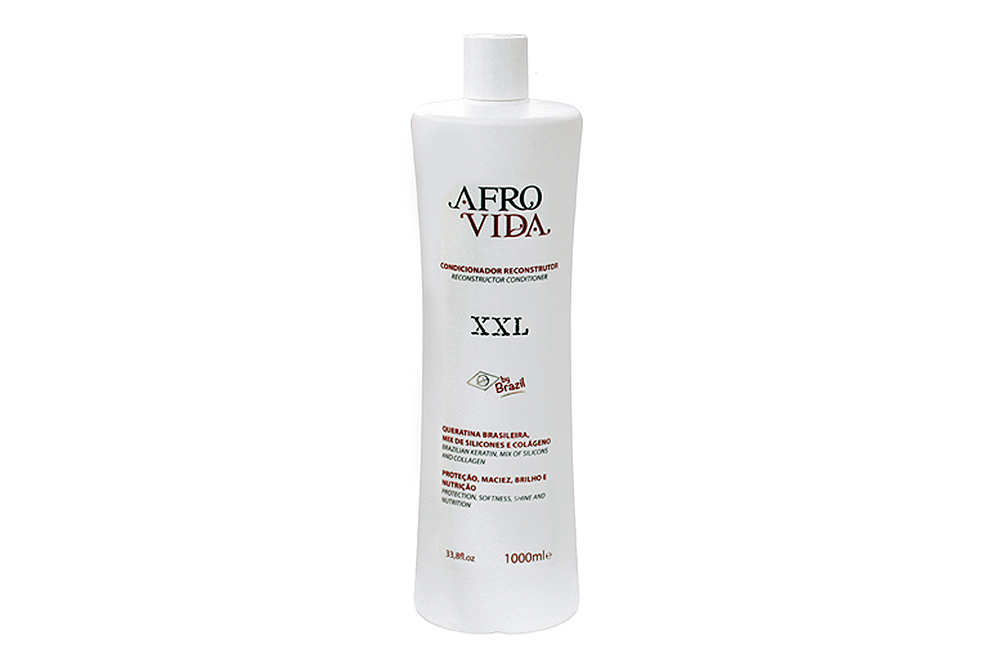Frasco branco de plástico do produto Afro Vida XXL com texto preto e vermelho