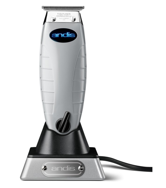 Máquina de cortar cabelo Andis branca com base cinza metálica e cabo preto