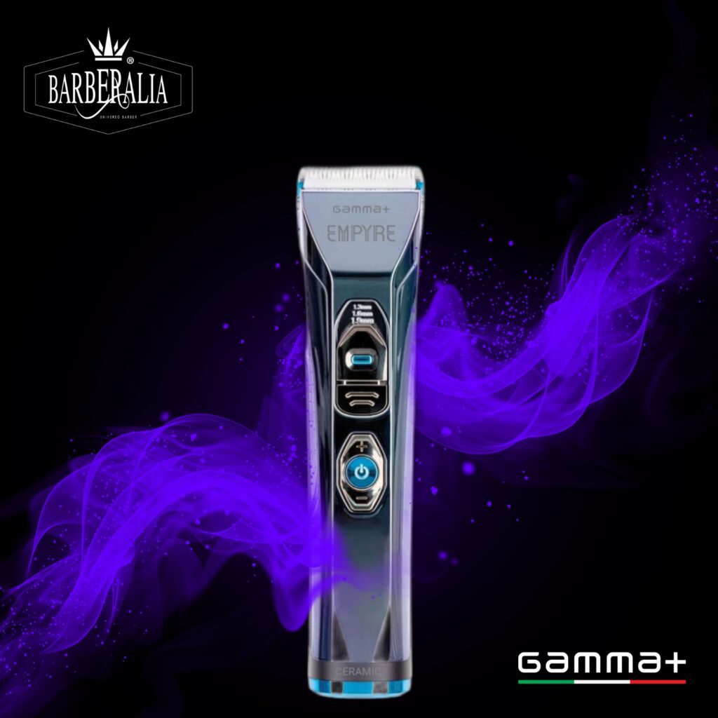Máquina de barbear elétrica Gamma+ Samme EMPYRE com design metálico e botões azuis