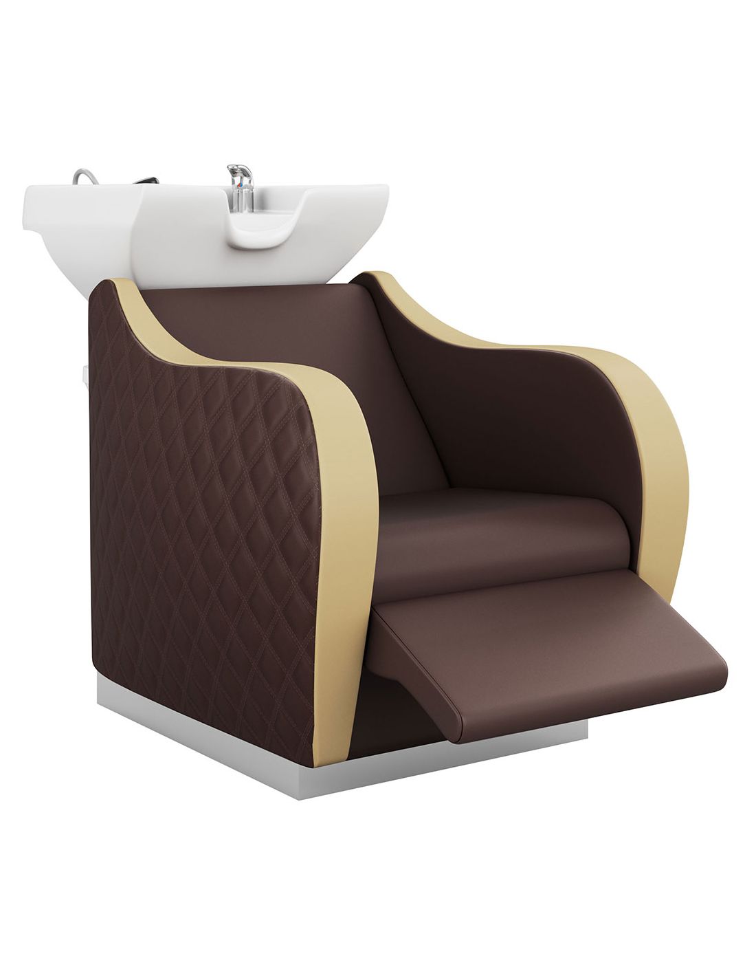 Cadeira de cabeleireiro castanho e bege com lava-cabeças branco