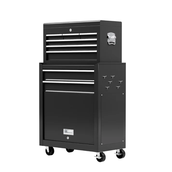 Carrinho de ferramentas móvel preto com rodas e gavetas em fundo branco