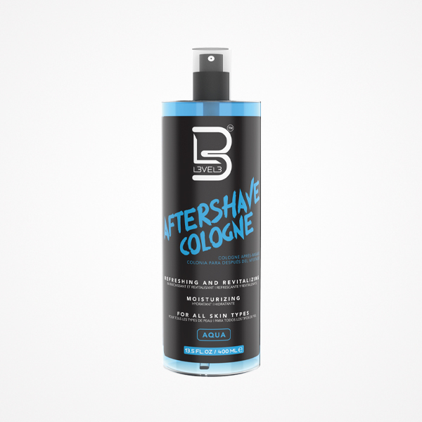 Frasco de spray aftershave cologne preto e azul da marca LEVELS