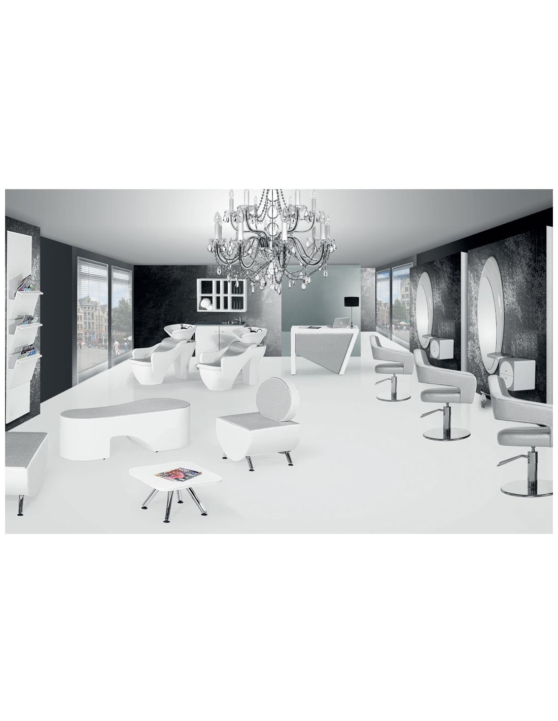 Sala de cabeleireiro moderna com cadeiras brancas e candeeiro de cristal