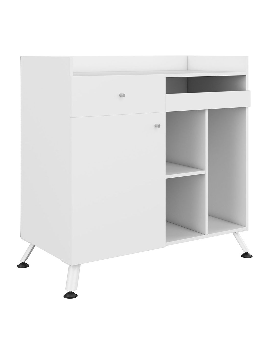 Móvel branco moderno com porta, gaveta, divisórias e pés metálicos