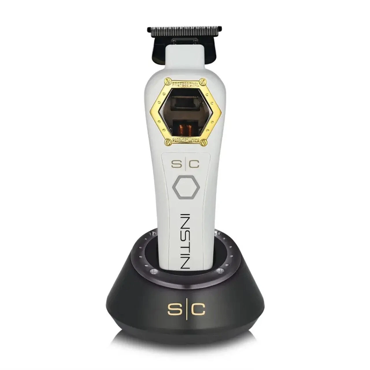 Barbeador elétrico branco com detalhes dourados no suporte preto