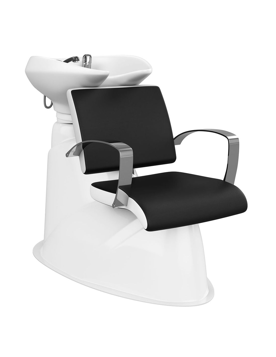 Cadeira de cabeleireiro preta com lava-cabeças branco