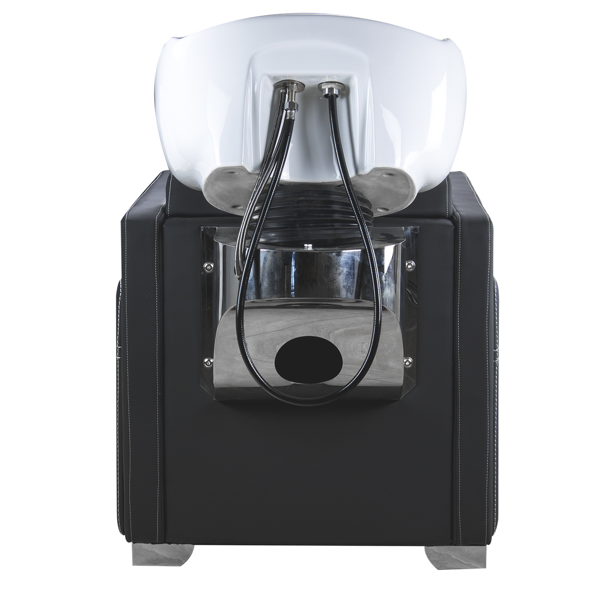 Cadeira de lavar cabelo preta com lavatório branco, vista frontal