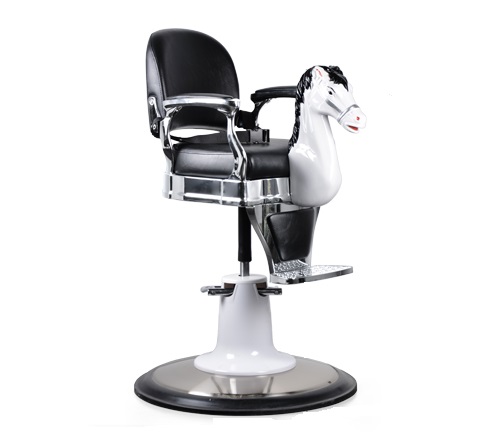 Cadeira de barbeiro infantil com apoio em forma de cavalo branco