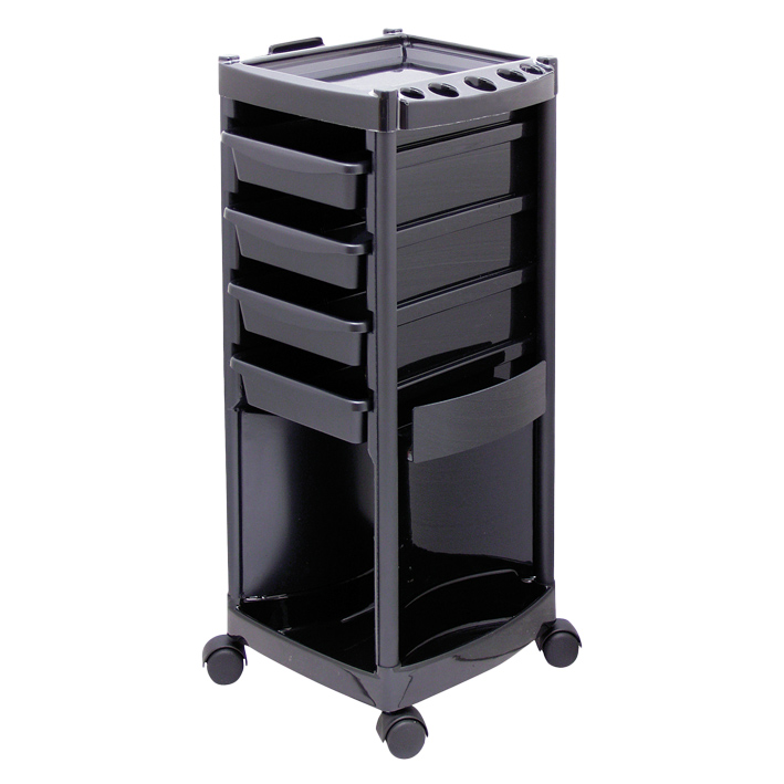Carrinho organizador preto de plástico com gavetas e rodas
