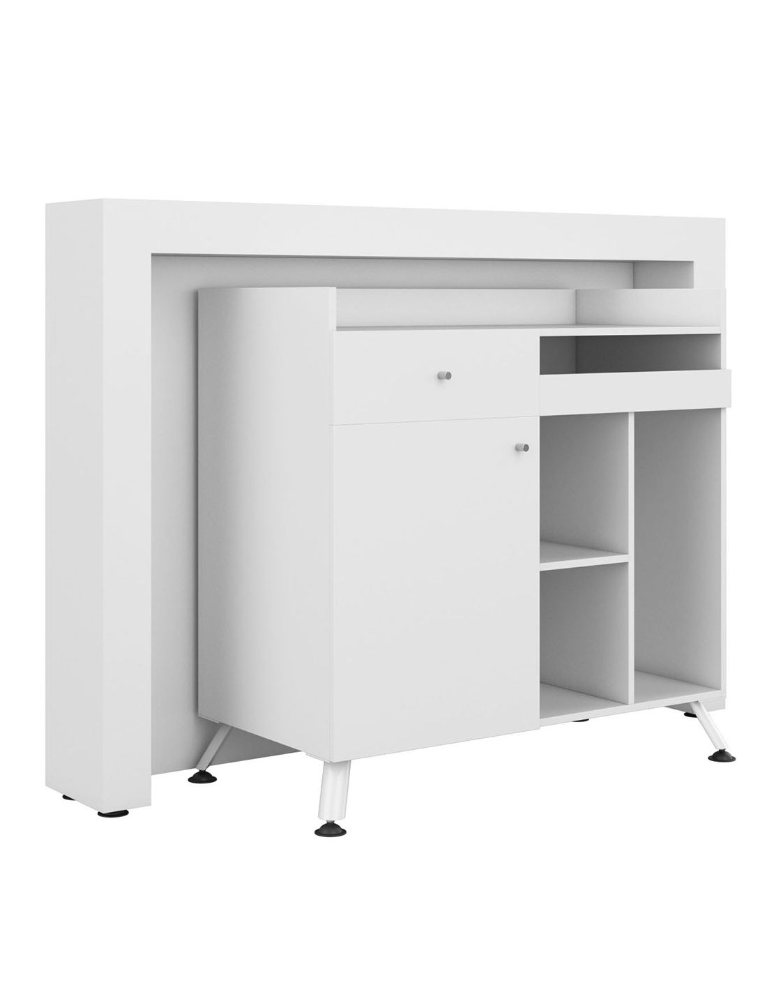 Móvel branco com portas e prateleiras em fundo branco