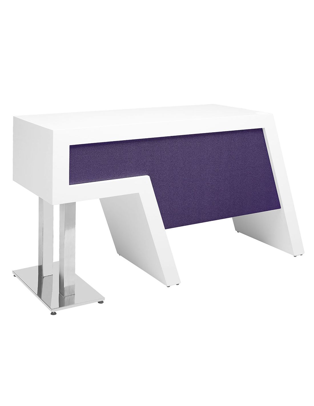 Secretária branca com painel roxo e suporte metálico