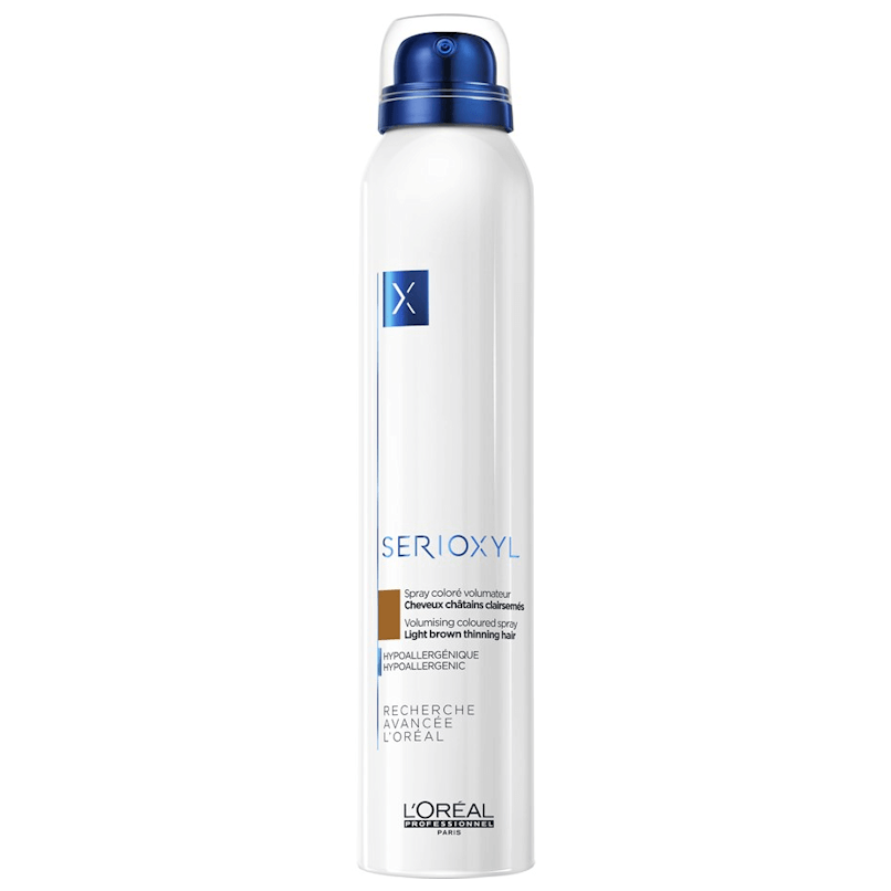 Frasco aerossol branco e azul do produto L'Oréal Serioxyl para cabelo
