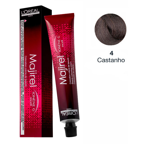 Tubo e embalagem de coloração capilar Majirel em tons de vermelho e preto com indicação da cor 4 Castanho