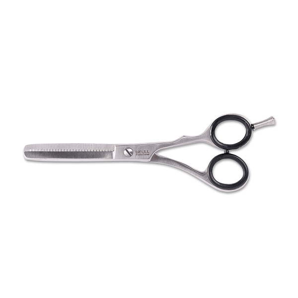 Tesoura de corte profissional inox com lâmina serrilhada e argolas pretas