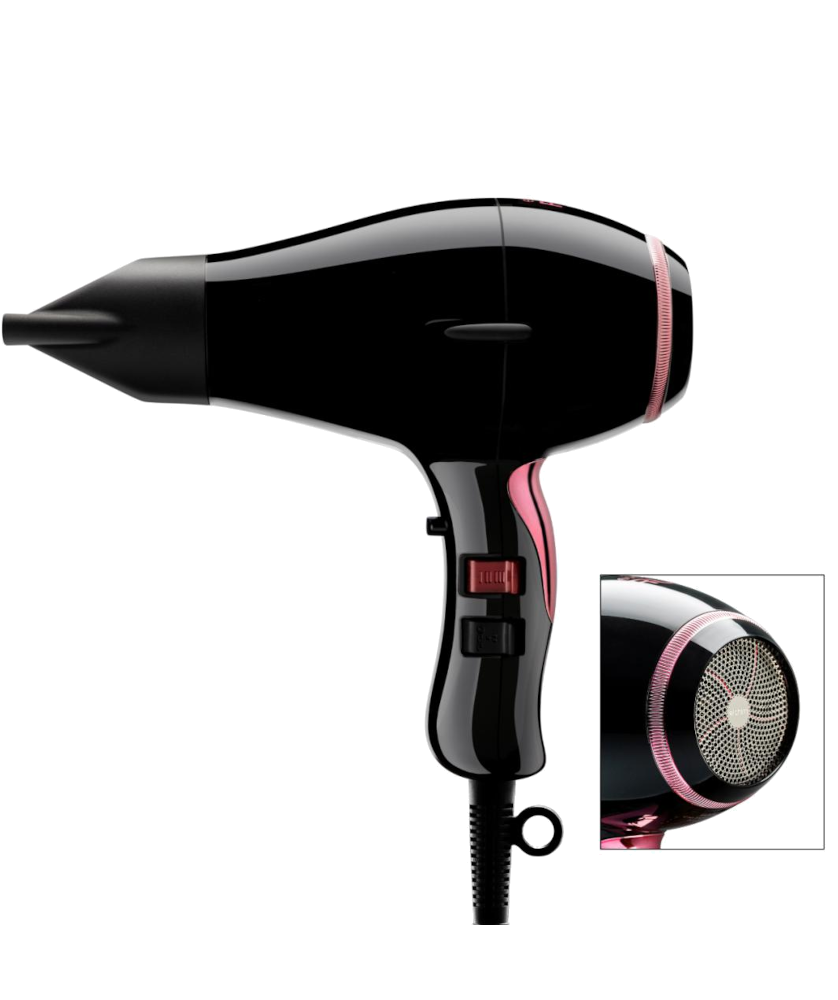 Secador de cabelo preto com detalhes rosa e botões vermelhos