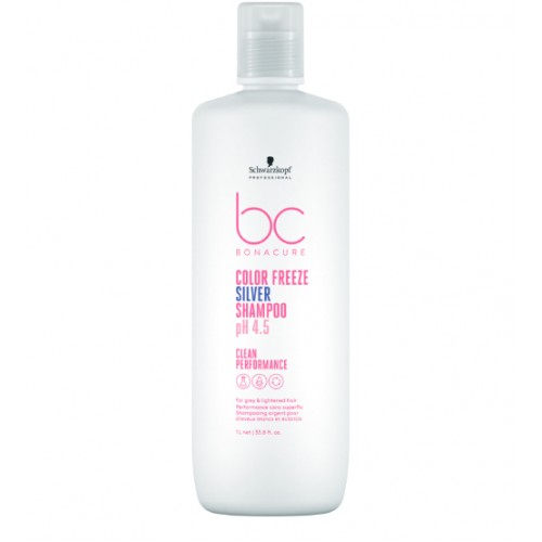 Frasco branco de shampoo BC Bonacure Color Freeze Silver com texto rosa e azul