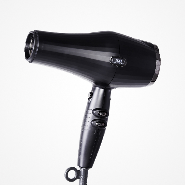Secador de cabelo preto com botões e emblema JRL