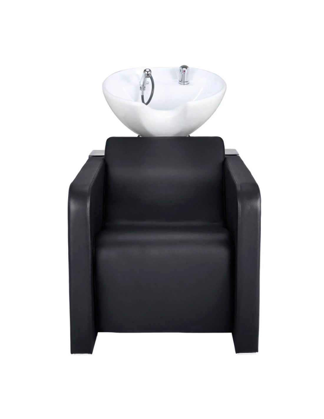 Cadeira de lavatório preta com lavatório branco em fundo branco