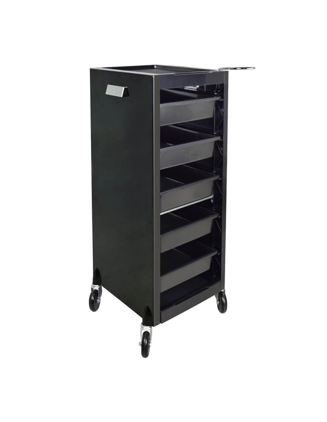 Móvel organizador preto de metal com cinco gavetas e rodas