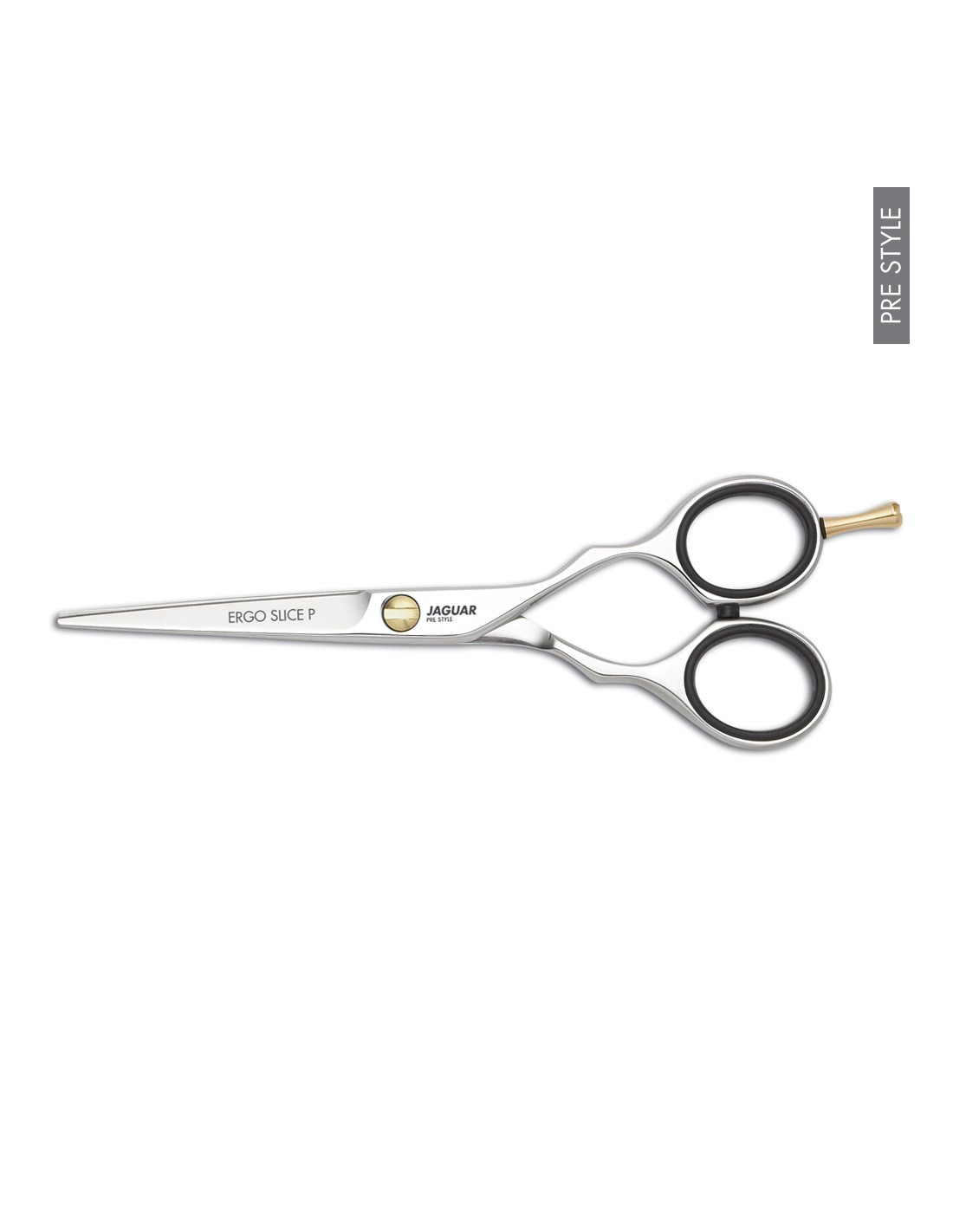 Tesoura de cabelo ergonómica de metal prateado com anéis pretos e ponta dourada