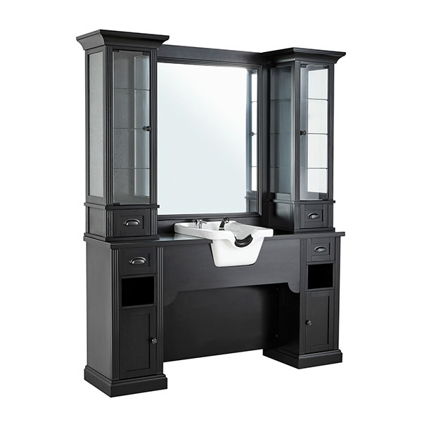 móvel de salão preto com lavatório branco e espelho grande