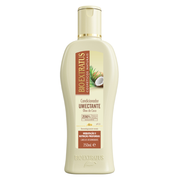 Frasco de condicionador Bio Extratus umectante 250 ml creme com rótulo marrom e branco