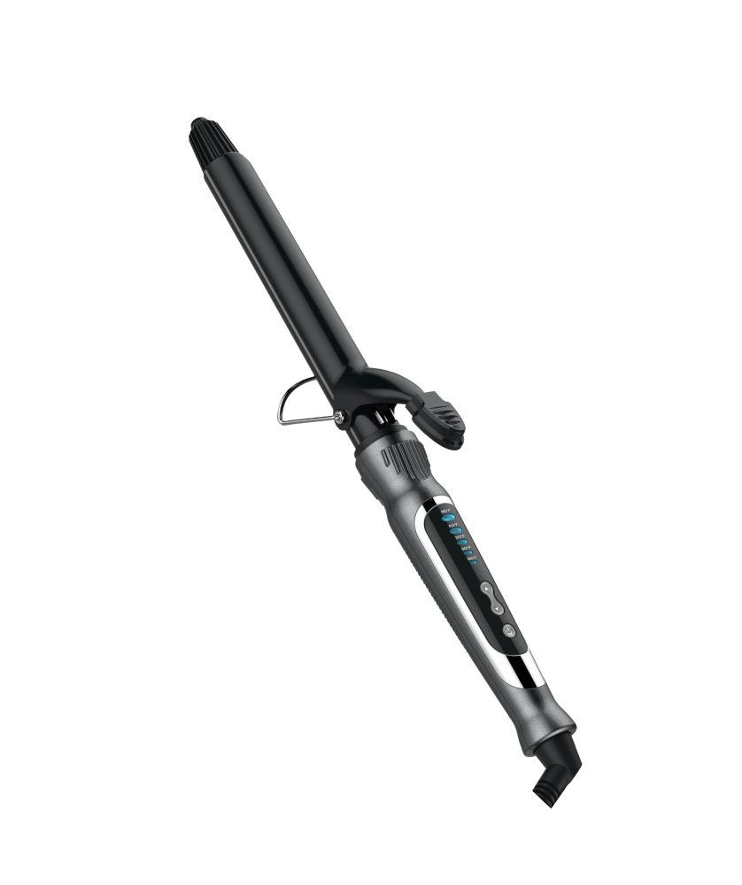 Modelador de cabelo preto e cinza metálico com indicador LED azul.