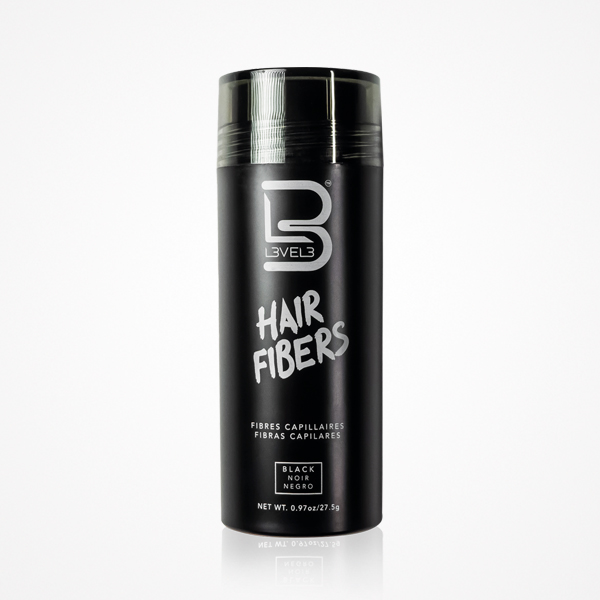 Frasco preto de produto capilar LEVEL 3 Hair Fibers