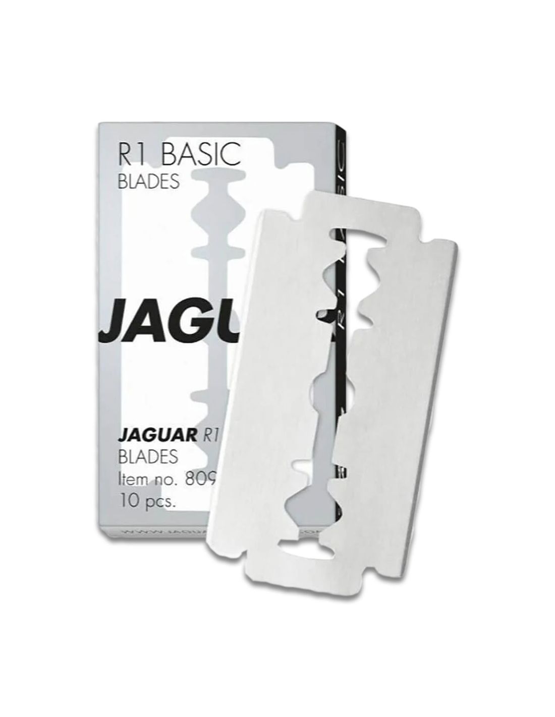 Pack de lâminas de barbear metálicas prateadas com embalagem branca e texto preto