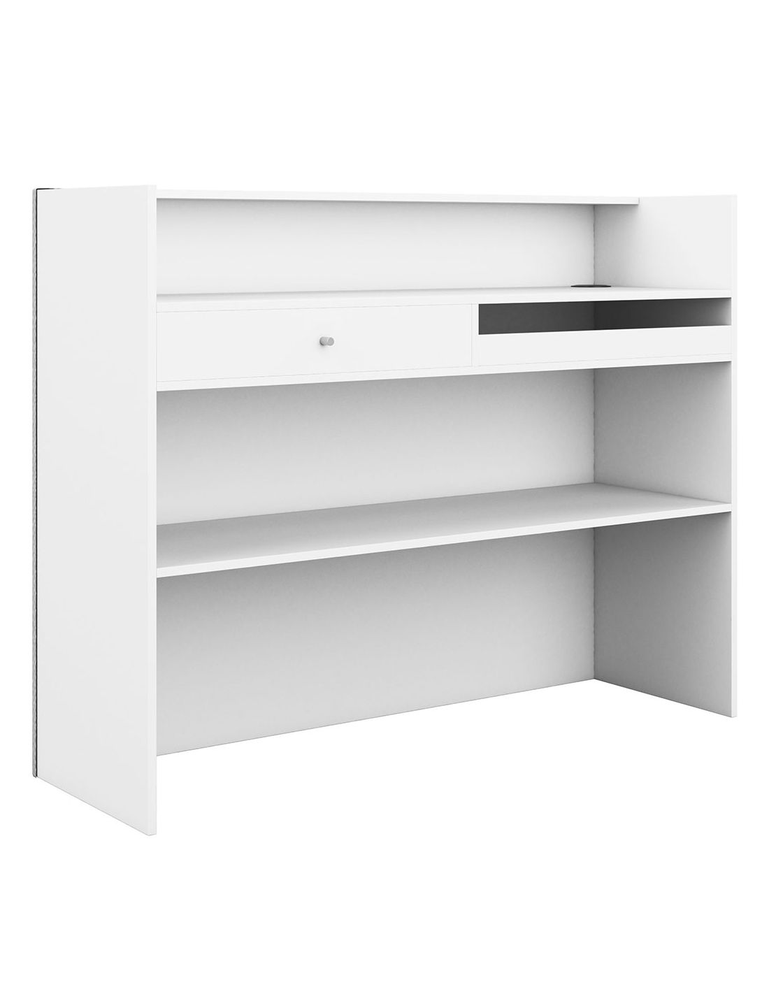 Estante ou móvel de escritório branco com prateleiras e gaveta