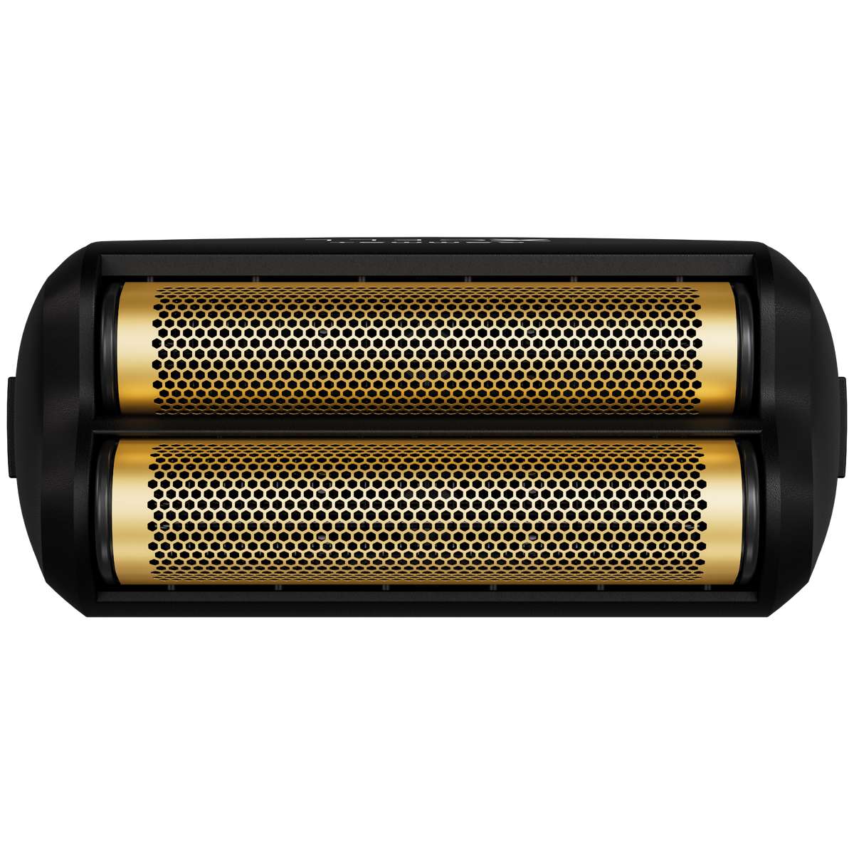 Cabeça de máquina de barbear com lâminas douradas e estrutura preta