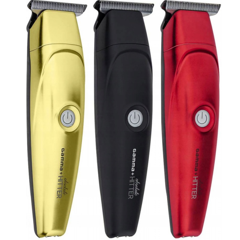 Máquinas de barbear em dourado, preto e vermelho com texto gamma+ HITTER