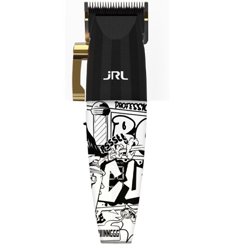 Máquina de cortar cabelo preta e branca com padrões gráficos e detalhes dourados