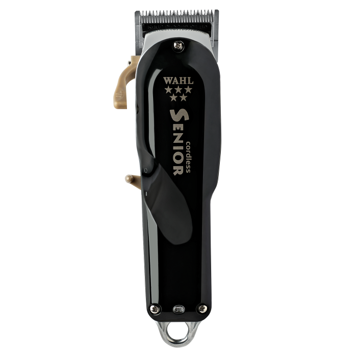 Máquina de cortar cabelo WAHL Senior cordless preta com detalhes metálicos e texto na superfície