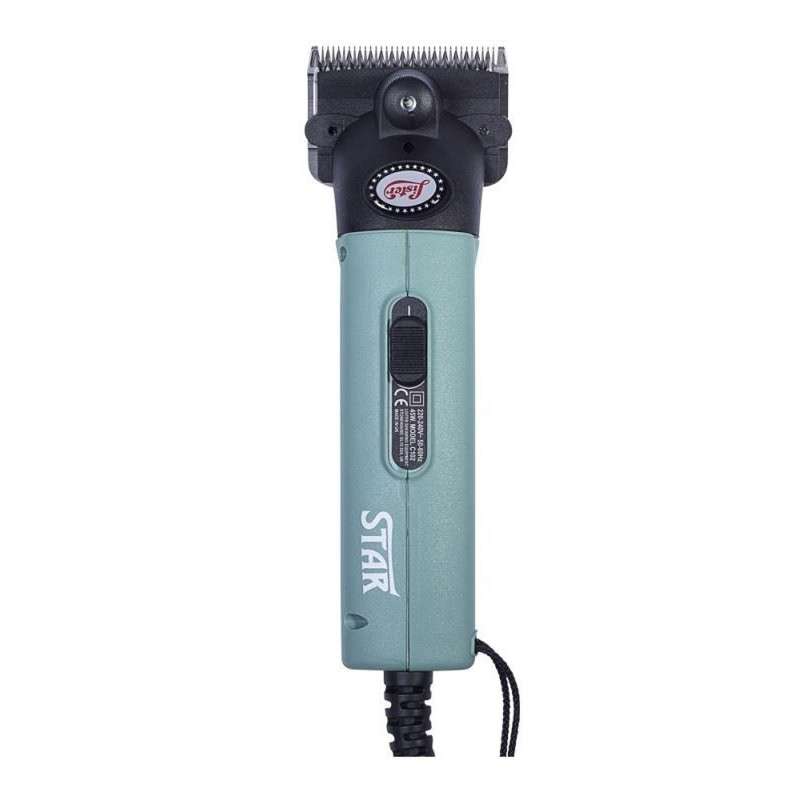 Aparelho de barbear elétrico azul claro e preto com lâminas metálicas