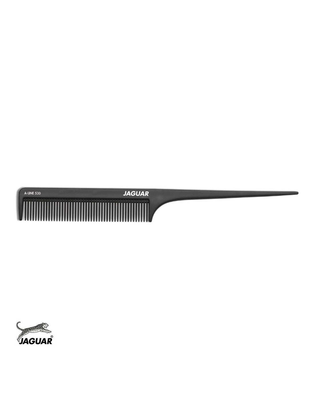 Pente preto com dentes finos e cabo longo, marca JAGUAR