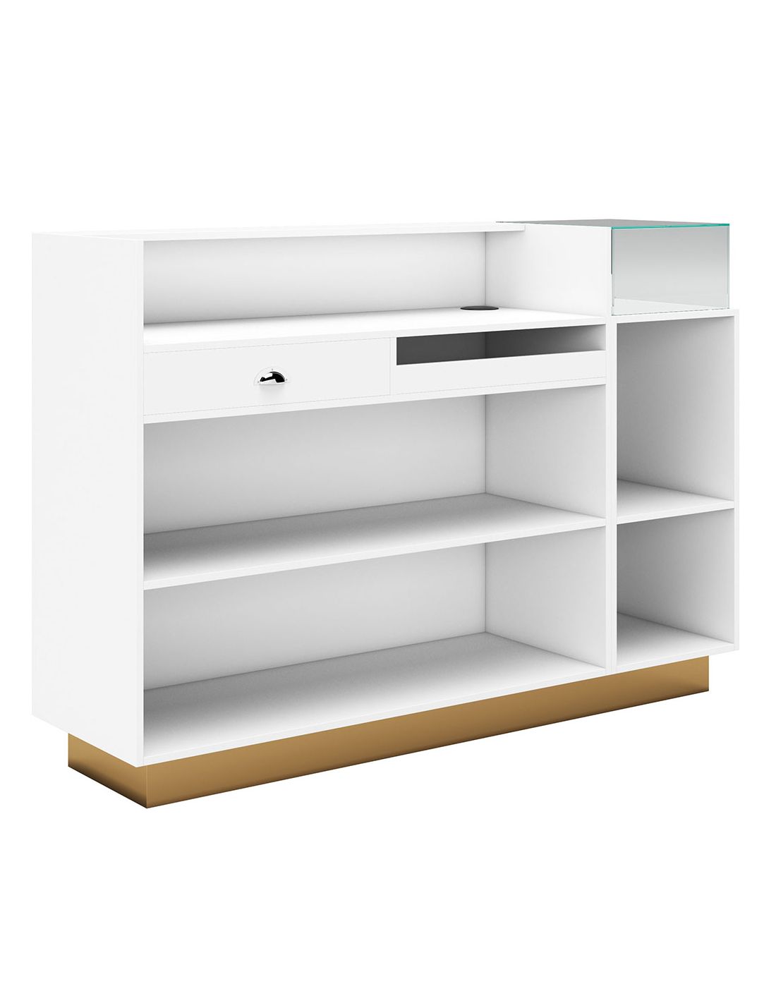Móvel de arrumação branco com base dourada, prateleiras e gaveta com puxador preto