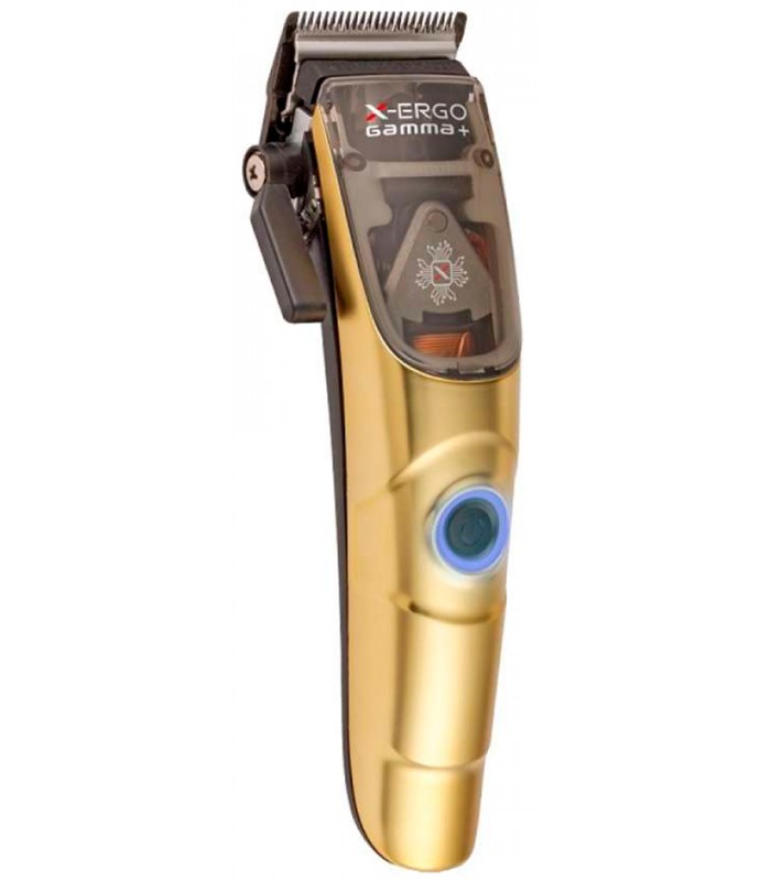 Máquina de cortar cabelo dourada e preta com botão azul iluminado