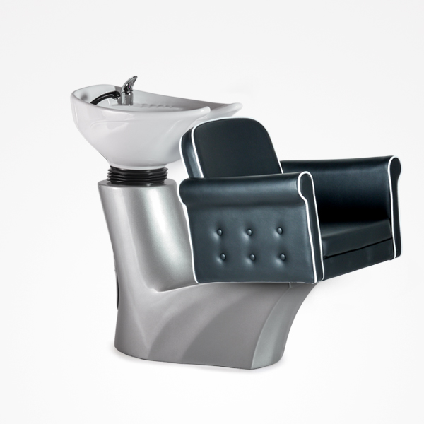 Cadeira de lavatório de cabeleireiro preta e cinza com tanque branco