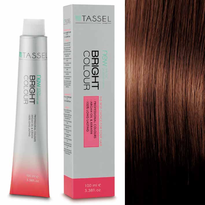 Tubo e caixa de tinta para cabelo Tassel Bright Colour com amostra de cabelo castanho avermelhado