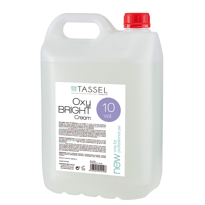Recipiente branco translúcido com rótulo de creme para descoloração Tassel Oxy Bright 10 vol., tampa vermelha.