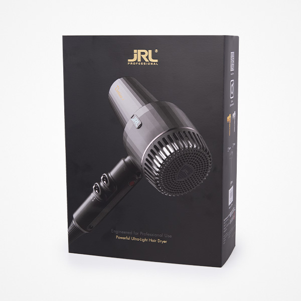 Embalaem preta com secador de cabelo profissional JRL e texto descritivo.