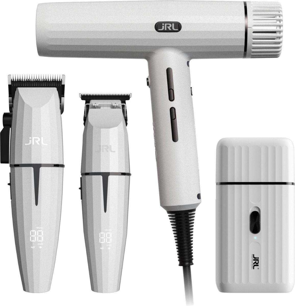 Conjunto branco de barbearia com cortadores de cabelo, secador e aparador com logotipo JRL